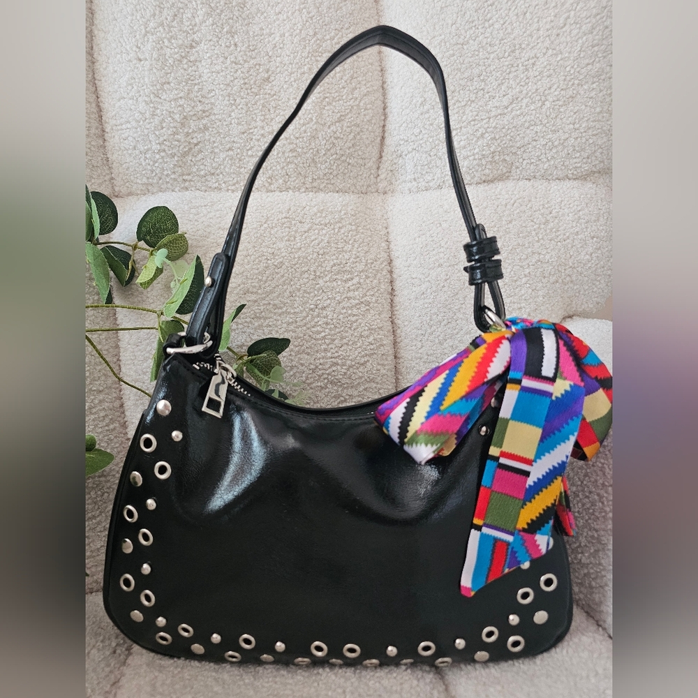 Black Studded Glam Shoulder Bag with Colorful Scarf Accent - Picture 5 of 11